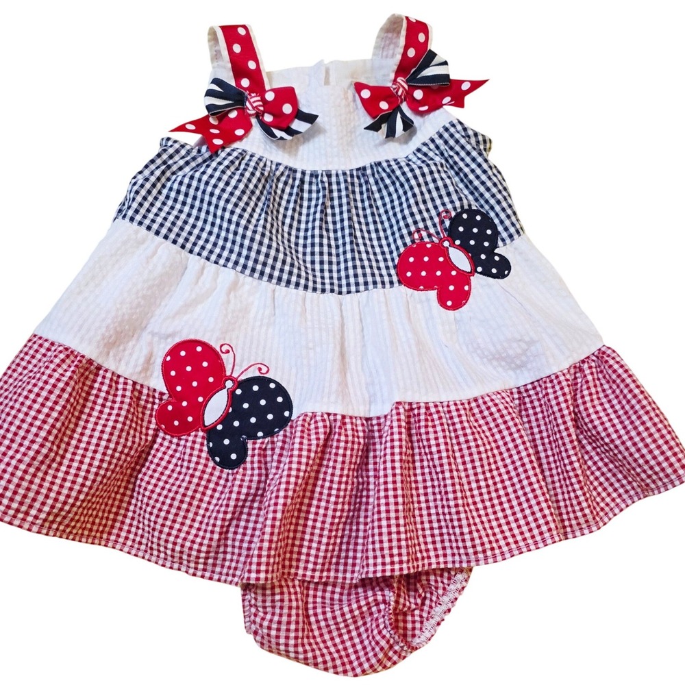 Rare Editions Baby Girls Gingham Butterfly Tiered Dress Diaper Cover Set‎ 3-6M